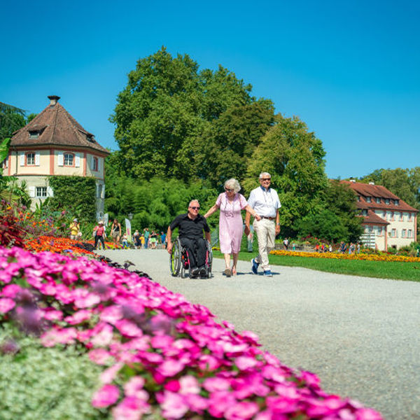 Drei ältere Menschen spazieren gemeinsam durch einen Park, eine Person im Rollstuhl, umgeben von bunten Blumenbeeten und historischen Gebäuden