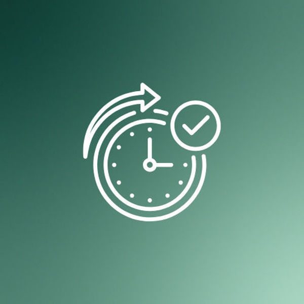 Ein Uhrensymbol mit einem Häkchen-Symbol auf einem dunkelgrünen Hintergrund